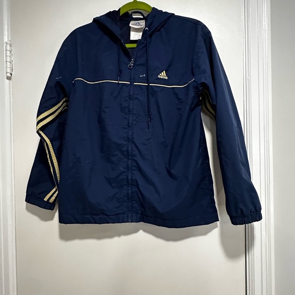 VTG 90’s Mens Hooded Mesh Lined Small Blue Yellow Adidas Jacket 3 Stripes. - Picture 1 of 13